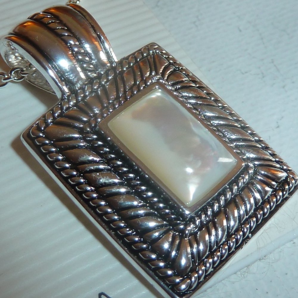 Necklace with Rectangle & White Center Stone Pendant, Fine Silver Plated, New